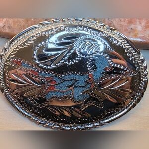 VTG Handcrafted USA Roadrunner Belt Buckle by SSI -Turquoise & Coral Chip Inlay